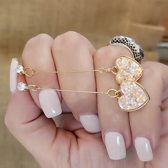 Glitter Heart Long Drop Earrings, .925 posts - Picture 1 of 7